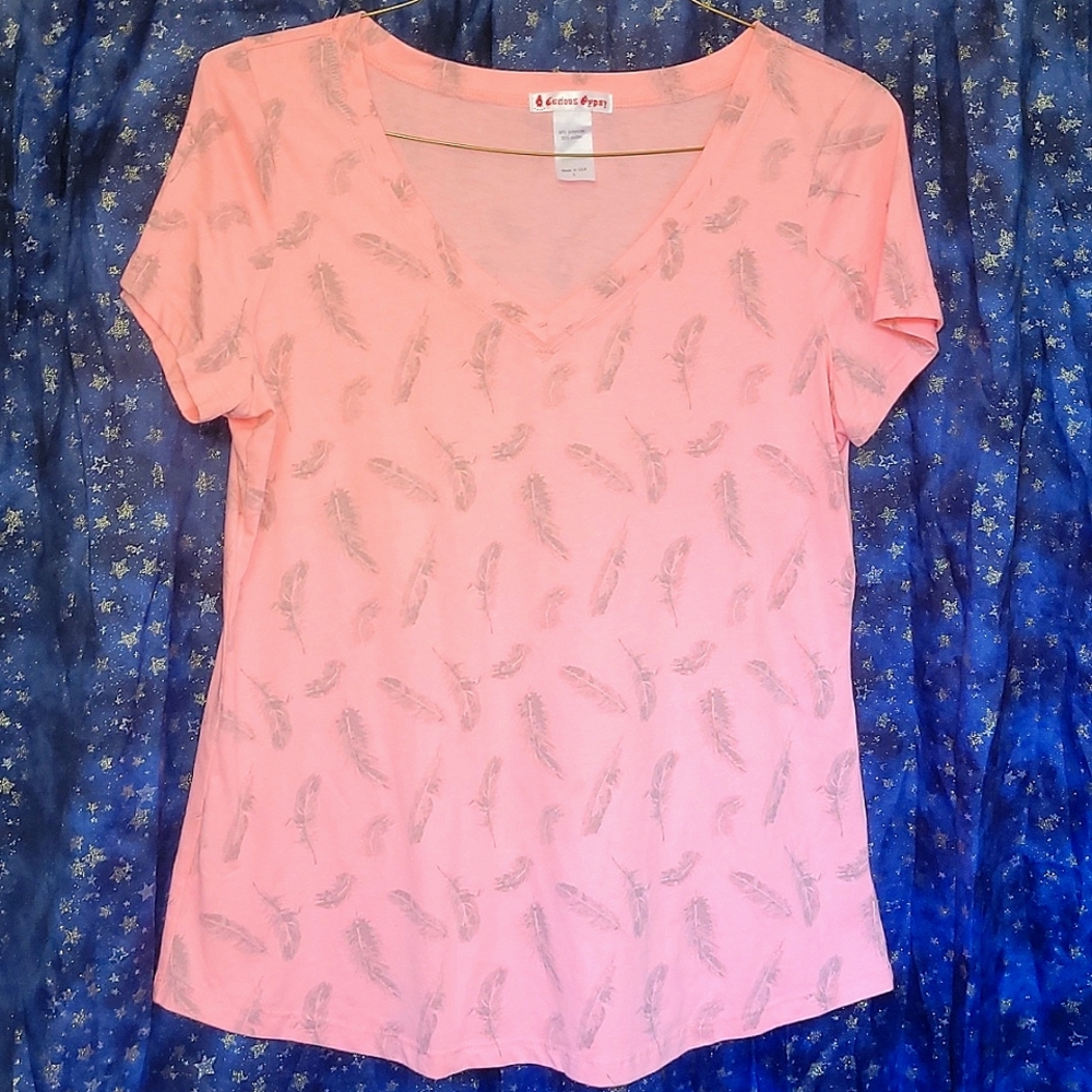🍂3/$10 Curious Gypsy Neon Coral Pink Feather-print V-neck T-Shirt